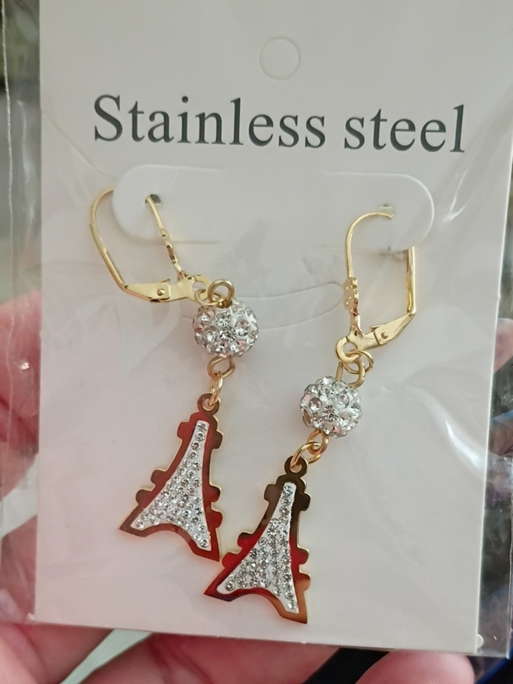 🆕 Gold Eiffel Tower Drop Earrings with Clear Crystals - Stainless Steel